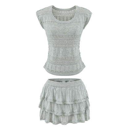 Two Piece Set: Pointelle Knit Top and High Waist Mini Tiered Skirt