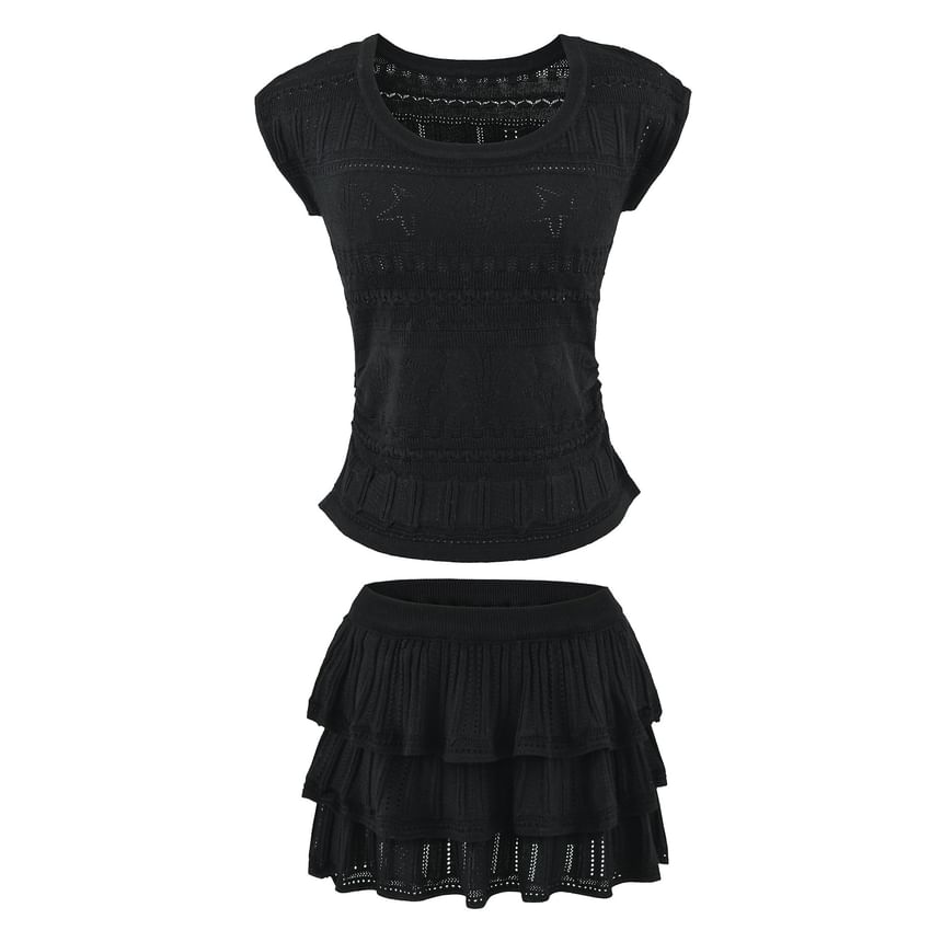 Two Piece Set: Pointelle Knit Top and High Waist Mini Tiered Skirt