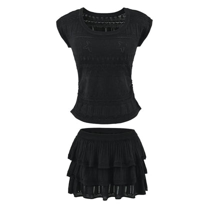 Two Piece Set: Pointelle Knit Top and High Waist Mini Tiered Skirt