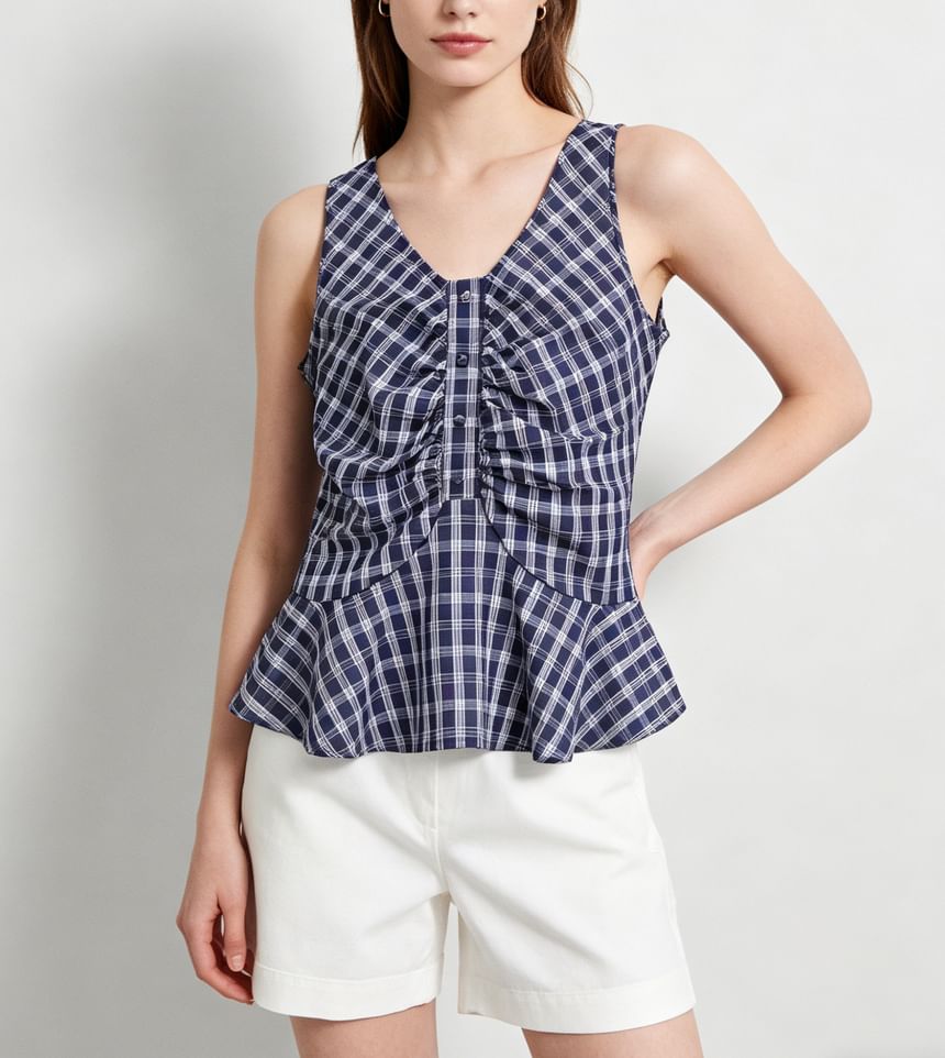V-Neck Gingham Ruched Ruffled Hem Tank Top