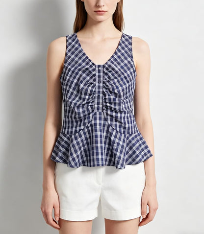 V-Neck Gingham Ruched Ruffled Hem Tank Top