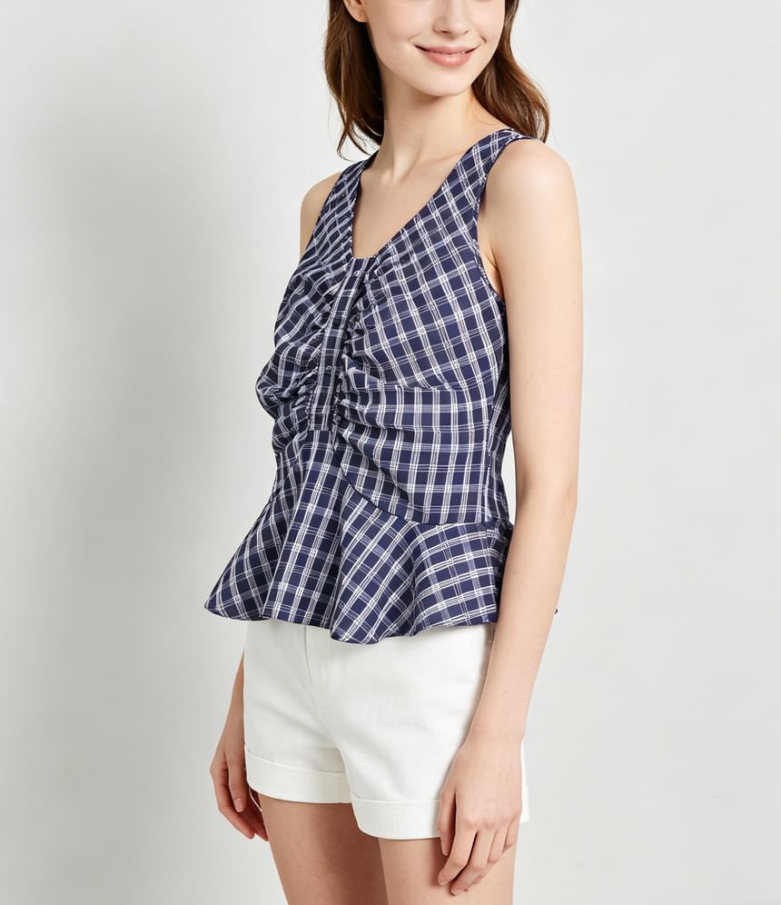 V-Neck Gingham Ruched Ruffled Hem Tank Top