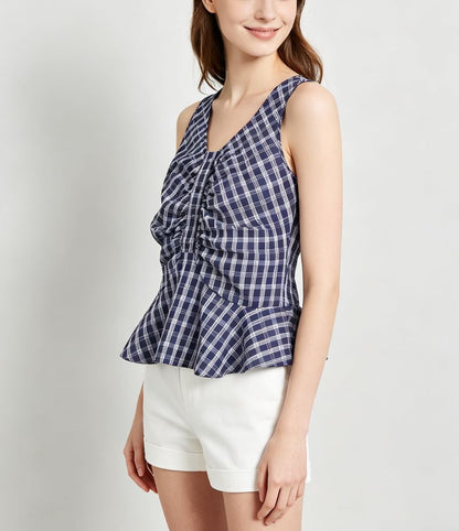 V-Neck Gingham Ruched Ruffled Hem Tank Top