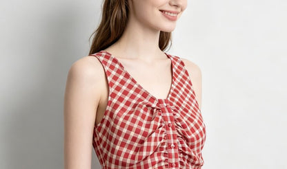 V-Neck Gingham Ruched Ruffled Hem Tank Top