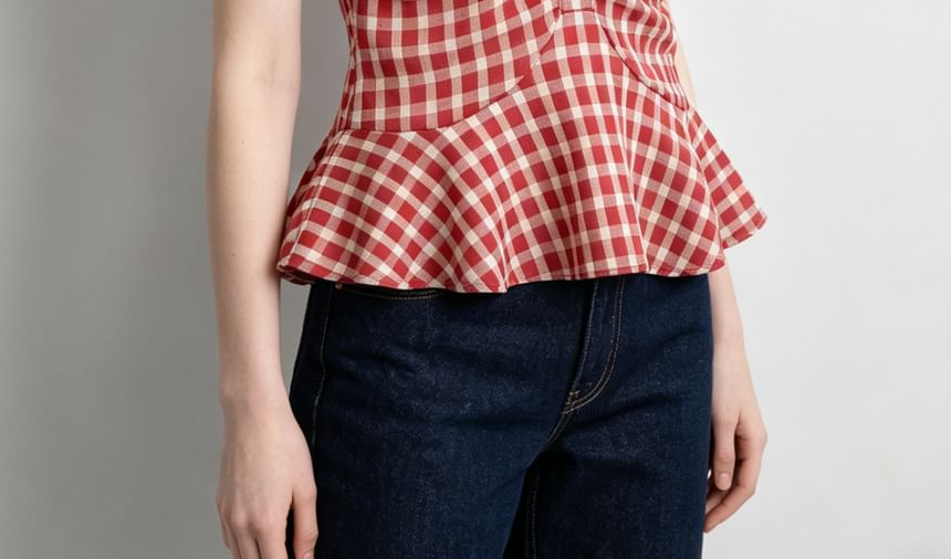 V-Neck Gingham Ruched Ruffled Hem Tank Top