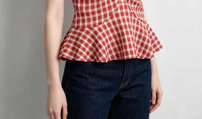 V-Neck Gingham Ruched Ruffled Hem Tank Top