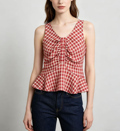 V-Neck Gingham Ruched Ruffled Hem Tank Top