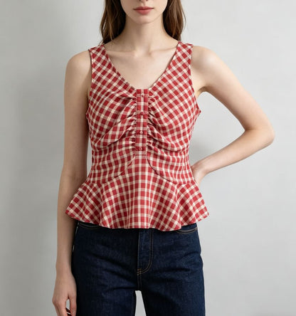 V-Neck Gingham Ruched Ruffled Hem Tank Top