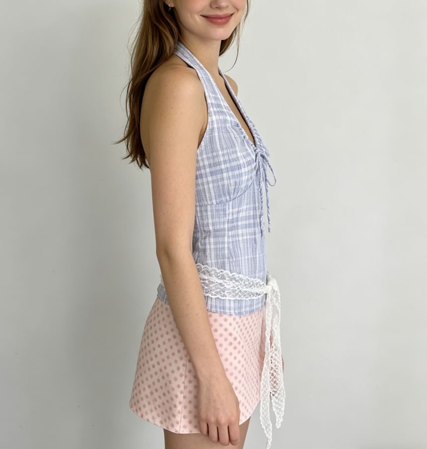 Halter V-Neck Drawstring Plaid Slim Fit Tank Top