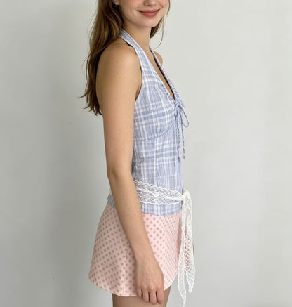 Halter V-Neck Drawstring Plaid Slim Fit Tank Top
