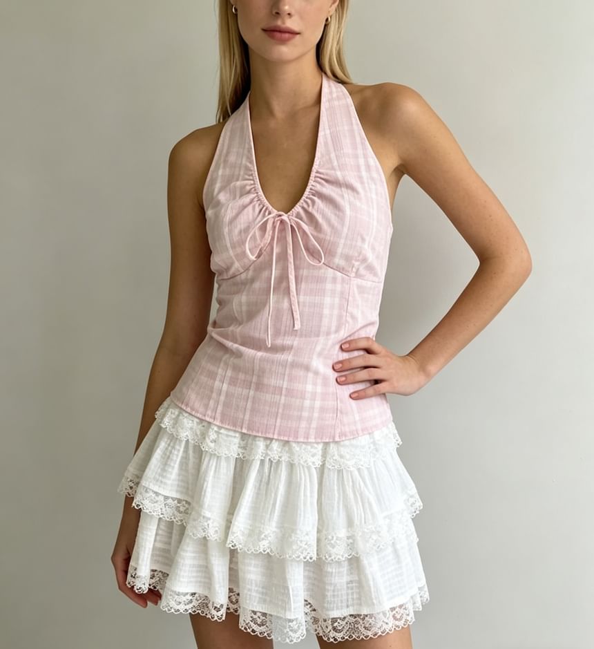 Halter V-Neck Drawstring Plaid Slim Fit Tank Top