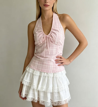 Halter V-Neck Drawstring Plaid Slim Fit Tank Top