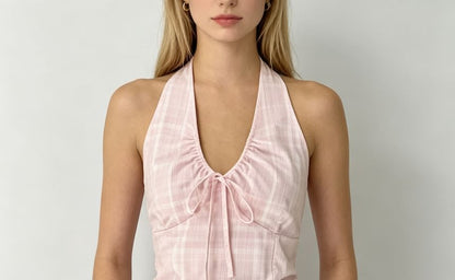 Halter V-Neck Drawstring Plaid Slim Fit Tank Top