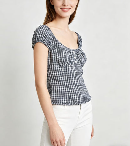 Cap Sleeve Off Shoulder Gingham Trim Slim Fit Blouse