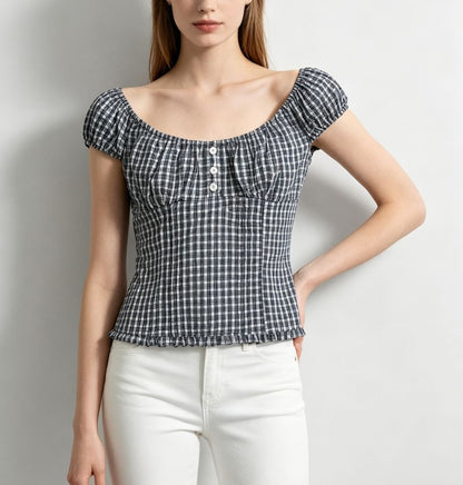 Cap Sleeve Off Shoulder Gingham Trim Slim Fit Blouse