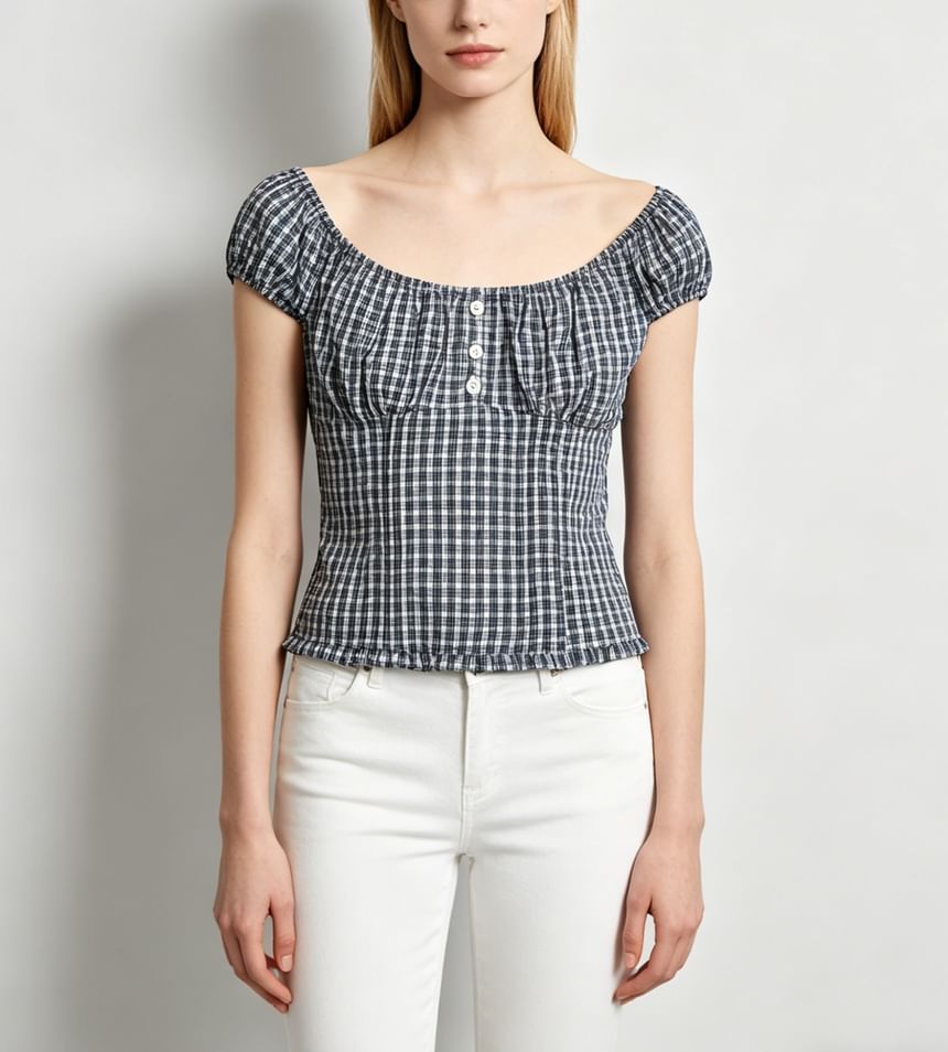 Cap Sleeve Off Shoulder Gingham Trim Slim Fit Blouse