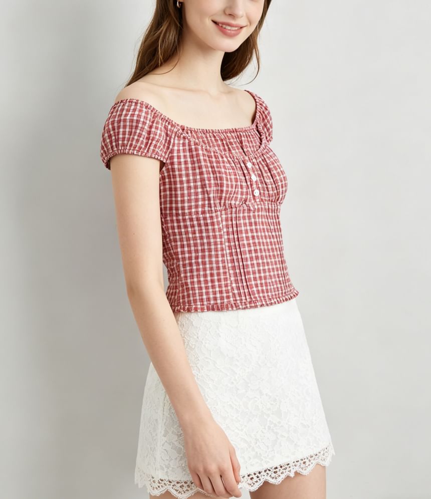 Cap Sleeve Off Shoulder Gingham Trim Slim Fit Blouse