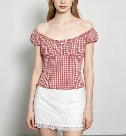 Cap Sleeve Off Shoulder Gingham Trim Slim Fit Blouse