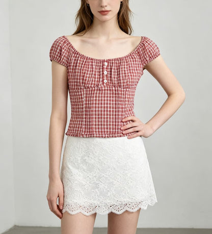 Cap Sleeve Off Shoulder Gingham Trim Slim Fit Blouse