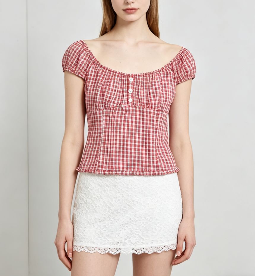 Cap Sleeve Off Shoulder Gingham Trim Slim Fit Blouse
