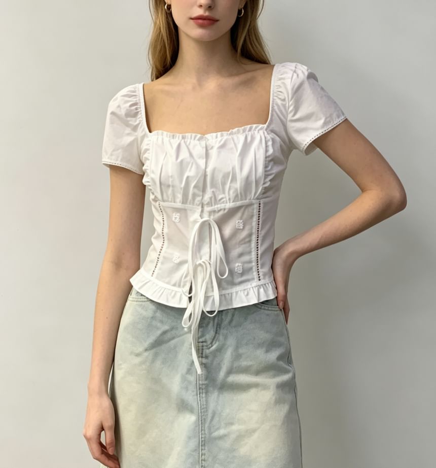 Square Neck Tie Front Ruffled Hem Short Sleeve Blouse