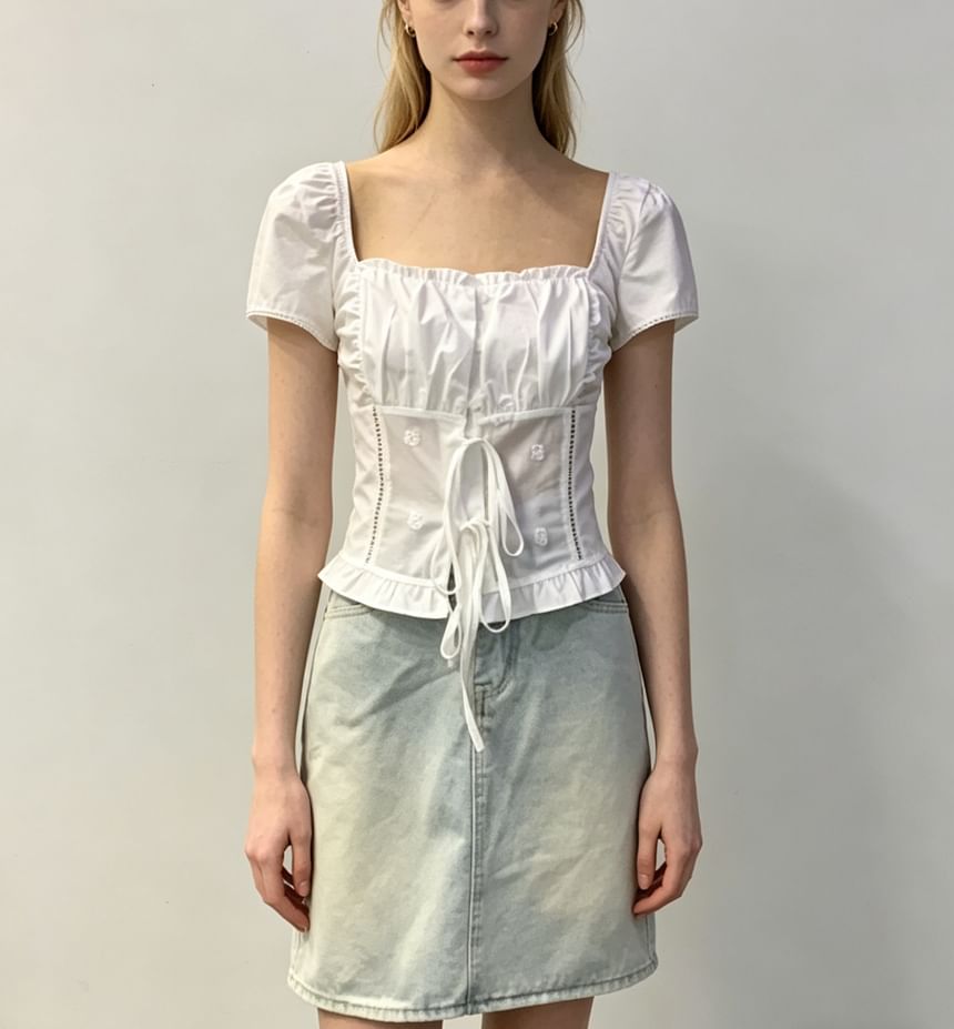 Square Neck Tie Front Ruffled Hem Short Sleeve Blouse