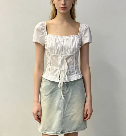 Square Neck Tie Front Ruffled Hem Short Sleeve Blouse