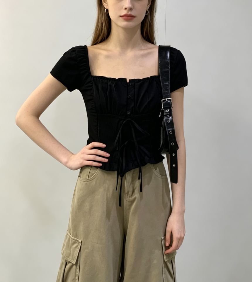 Square Neck Tie Front Ruffled Hem Short Sleeve Blouse