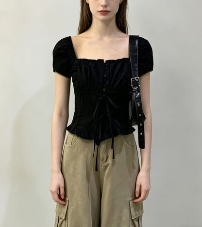 Square Neck Tie Front Ruffled Hem Short Sleeve Blouse