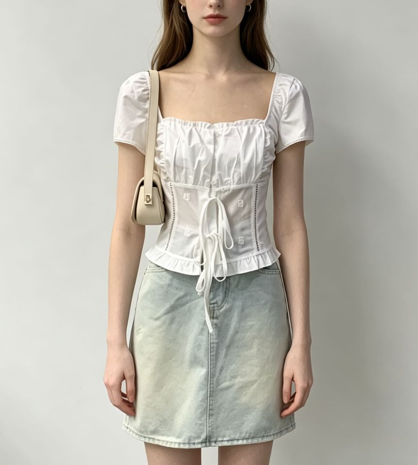 Square Neck Tie Front Ruffled Hem Short Sleeve Blouse