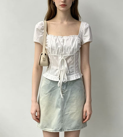 Square Neck Tie Front Ruffled Hem Short Sleeve Blouse