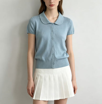 Doll Collar Print Loose Fit Short Sleeve Knit Top