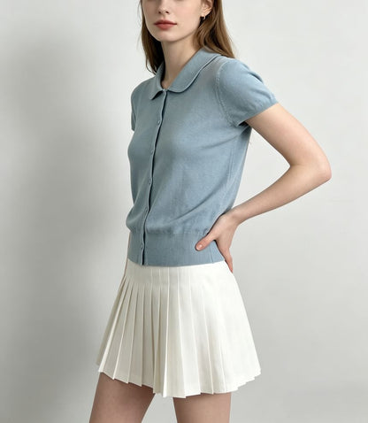 Doll Collar Print Loose Fit Short Sleeve Knit Top