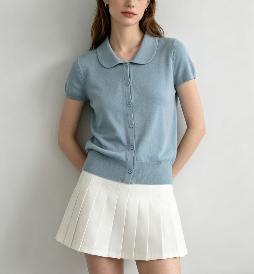 Doll Collar Print Loose Fit Short Sleeve Knit Top