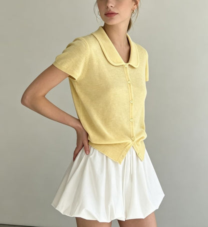 Doll Collar Print Loose Fit Short Sleeve Knit Top