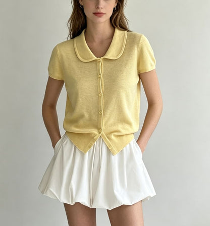 Doll Collar Print Loose Fit Short Sleeve Knit Top