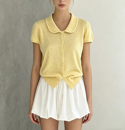 Doll Collar Print Loose Fit Short Sleeve Knit Top