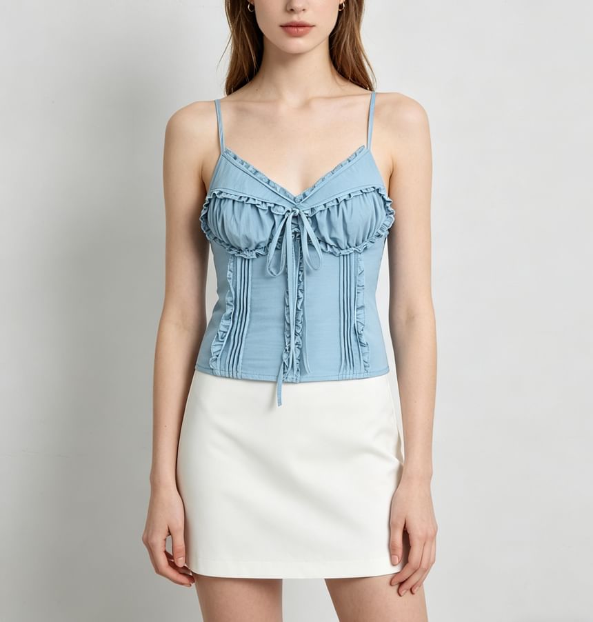 V-Neck Ruffled Tie Front Slim Fit Camisole Top