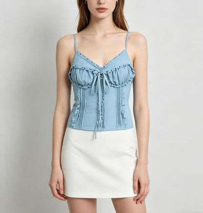V-Neck Ruffled Tie Front Slim Fit Camisole Top