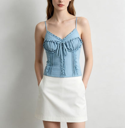 V-Neck Ruffled Tie Front Slim Fit Camisole Top