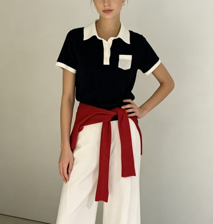 Color Block Loose Fit Short Sleeve Polo Top