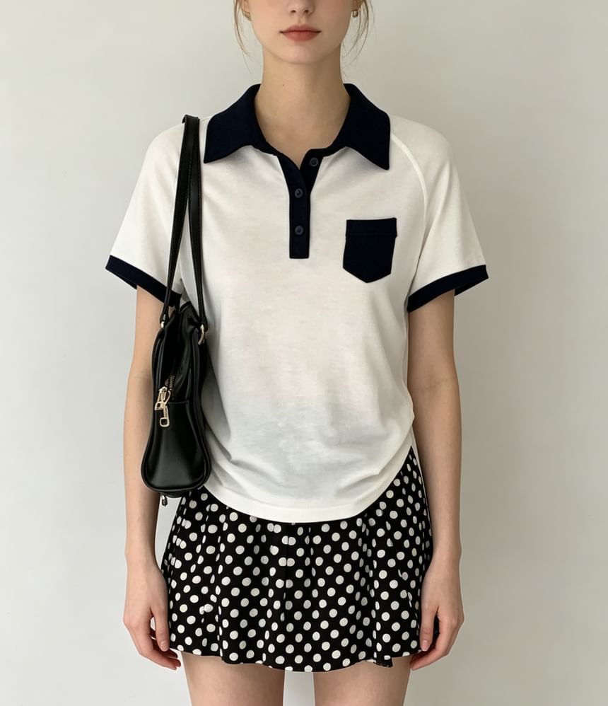 Color Block Loose Fit Short Sleeve Polo Top
