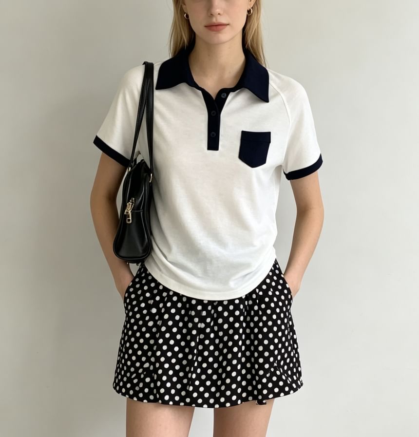 Color Block Loose Fit Short Sleeve Polo Top