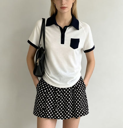 Color Block Loose Fit Short Sleeve Polo Top