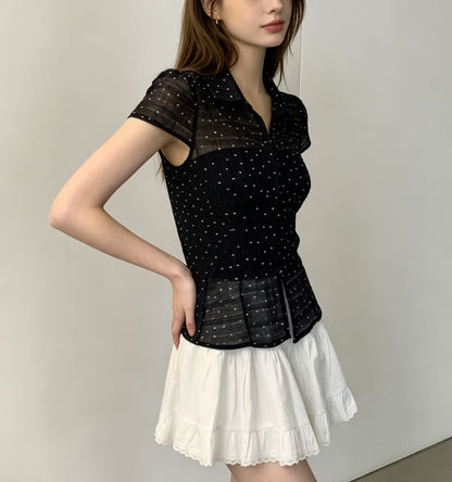 Short Sleeve Polka Dot Tie Waist Sheer Blouse with Tube Top