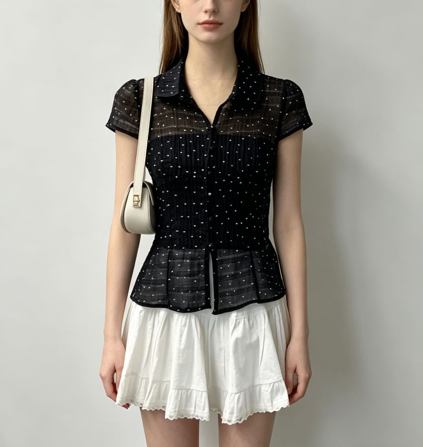Short Sleeve Polka Dot Tie Waist Sheer Blouse with Tube Top