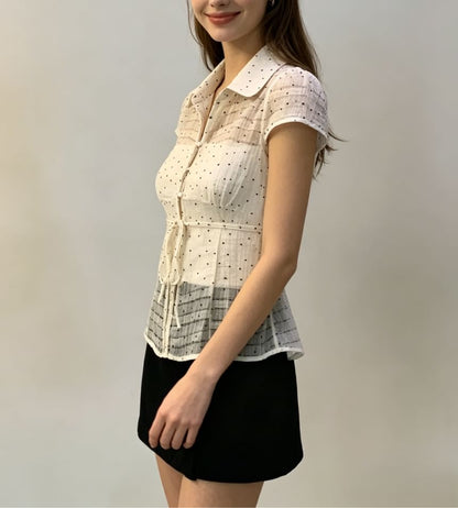 Short Sleeve Polka Dot Tie Waist Sheer Blouse with Tube Top