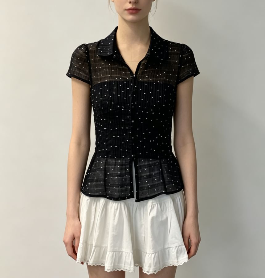 Short Sleeve Polka Dot Tie Waist Sheer Blouse with Tube Top