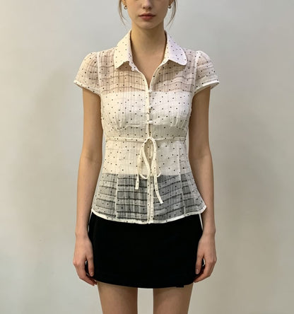 Short Sleeve Polka Dot Tie Waist Sheer Blouse with Tube Top