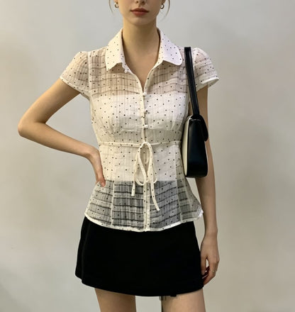 Short Sleeve Polka Dot Tie Waist Sheer Blouse with Tube Top